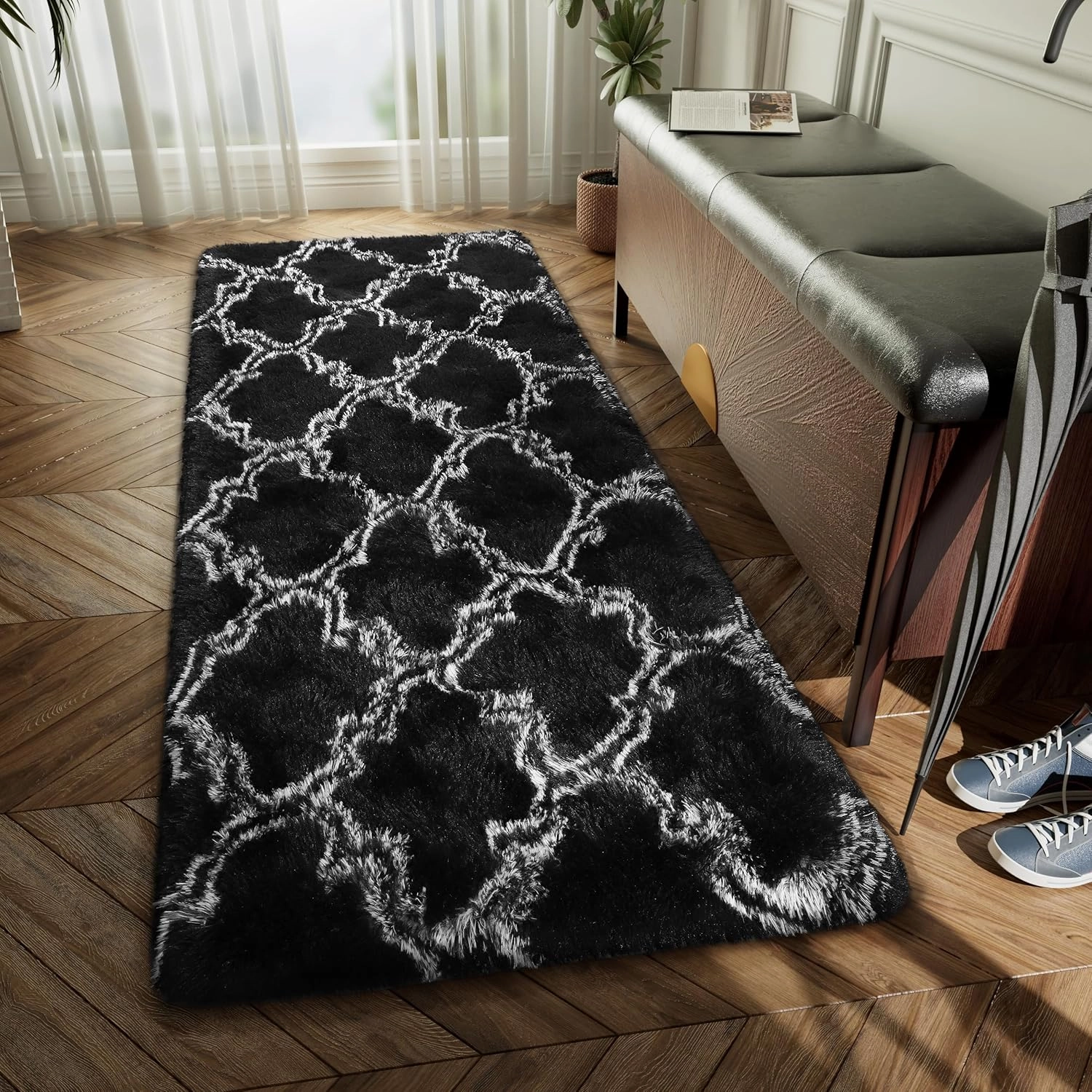 LOCHAS Luxury Shag Area Rug 2x6 Feet Geometric Plush Fluffy Rugs, Extra Soft Carpet Moroccan Rugs for Bedroom Living Room Dorm Kids, High Pile Shaggy Floor Rug Decor, Black/White