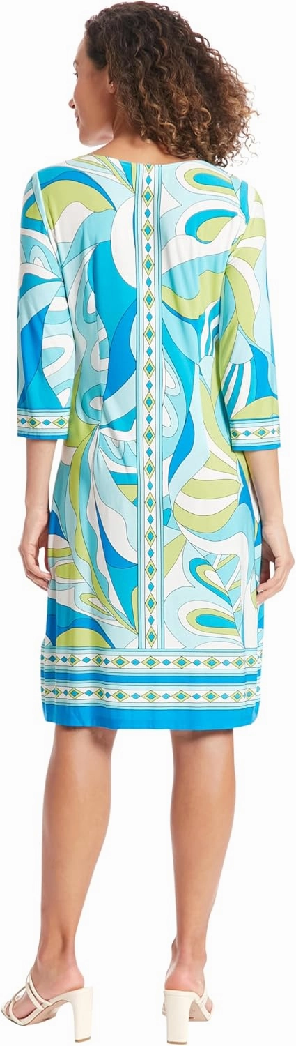 London Times Women's Knee-Length Shift Dress-3/4 Sleeves with Decorative Trim-Versatile Cocktail Dresses