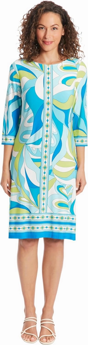 London Times Women's Knee-Length Shift Dress-3/4 Sleeves with Decorative Trim-Versatile Cocktail Dresses