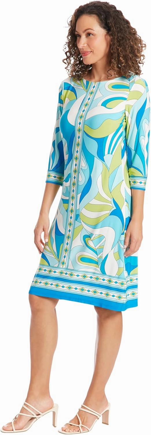 London Times Women's Knee-Length Shift Dress-3/4 Sleeves with Decorative Trim-Versatile Cocktail Dresses