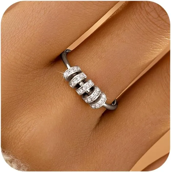 LOVECOM S925 Sterling Silver Fidget Anti Anxiety Rings With Cubic Zirconia Beads Spinner Ring for Women 14k Gold Plated Stress Relief Spinning Ring Jewelry Christmas Gifts for Mom to Daughter