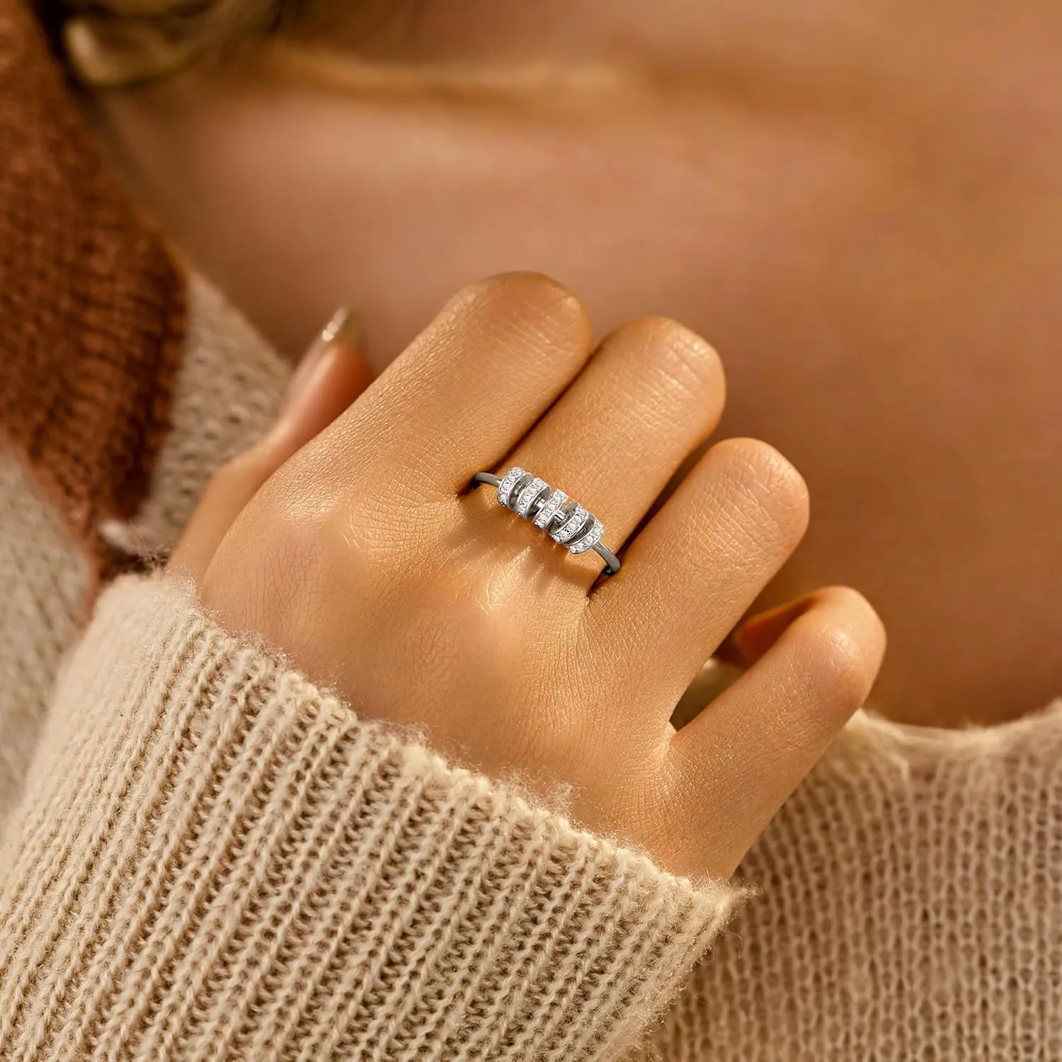 LOVECOM S925 Sterling Silver Fidget Anti Anxiety Rings With Cubic Zirconia Beads Spinner Ring for Women 14k Gold Plated Stress Relief Spinning Ring Jewelry Christmas Gifts for Mom to Daughter