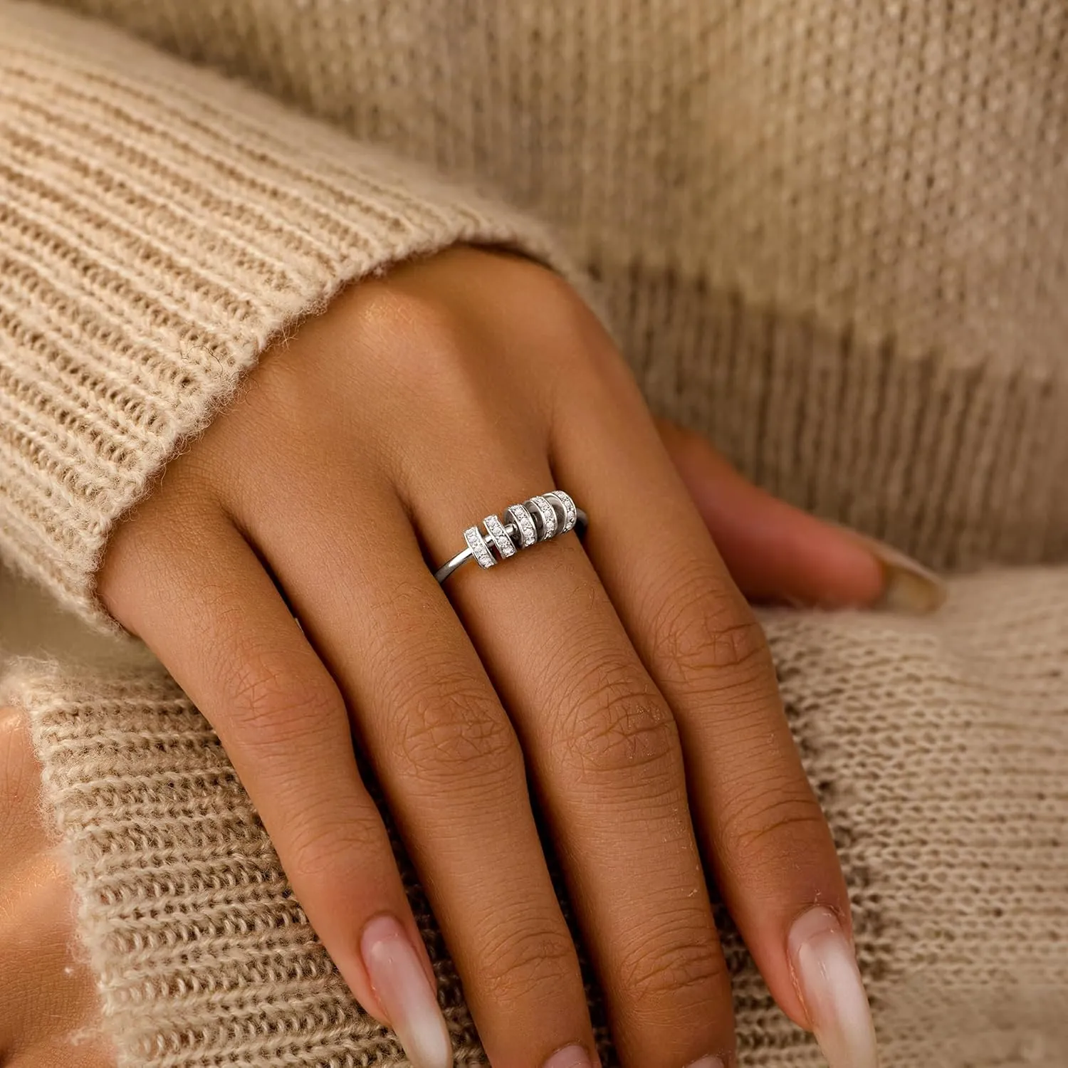 LOVECOM S925 Sterling Silver Fidget Anti Anxiety Rings With Cubic Zirconia Beads Spinner Ring for Women 14k Gold Plated Stress Relief Spinning Ring Jewelry Christmas Gifts for Mom to Daughter