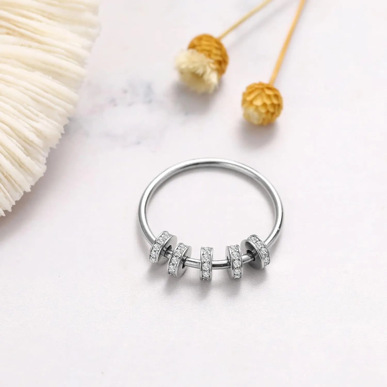 LOVECOM S925 Sterling Silver Fidget Anti Anxiety Rings With Cubic Zirconia Beads Spinner Ring for Women 14k Gold Plated Stress Relief Spinning Ring Jewelry Christmas Gifts for Mom to Daughter