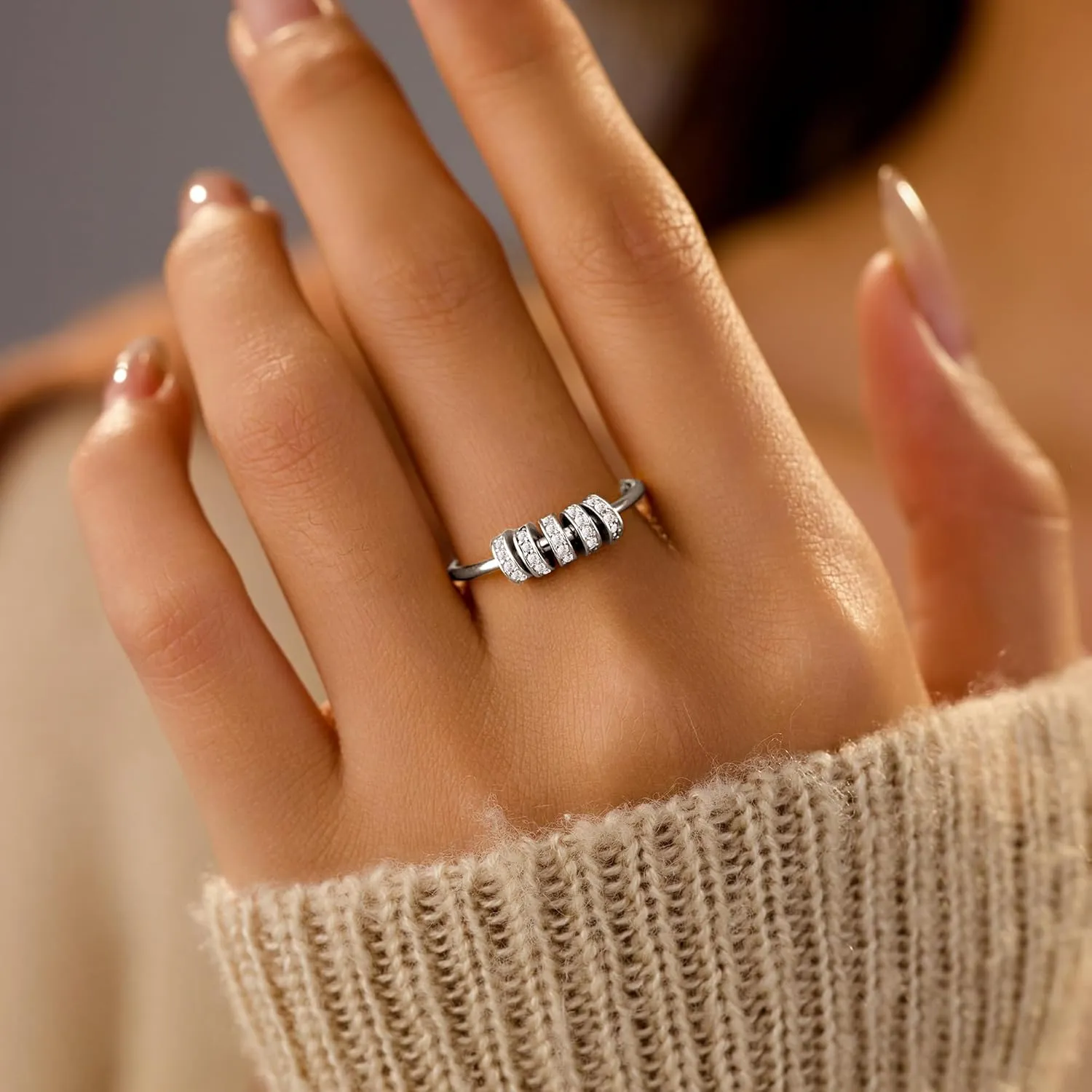 LOVECOM S925 Sterling Silver Fidget Anti Anxiety Rings With Cubic Zirconia Beads Spinner Ring for Women 14k Gold Plated Stress Relief Spinning Ring Jewelry Christmas Gifts for Mom to Daughter