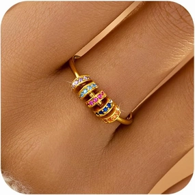 LOVECOM S925 Sterling Silver Fidget Anti Anxiety Rings With Cubic Zirconia Beads Spinner Ring for Women 14k Gold Plated Stress Relief Spinning Ring Jewelry Christmas Gifts for Mom to Daughter
