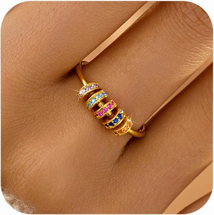 LOVECOM S925 Sterling Silver Fidget Anti Anxiety Rings With Cubic Zirconia Beads Spinner Ring for Women 14k Gold Plated Stress Relief Spinning Ring Jewelry Christmas Gifts for Mom to Daughter