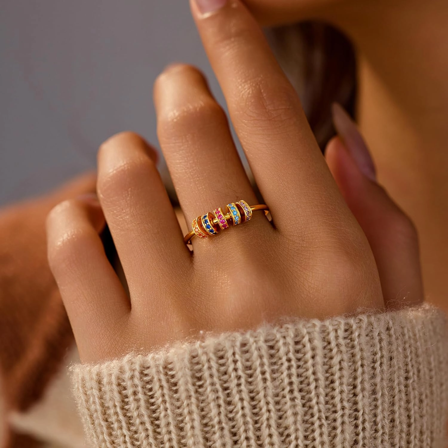 LOVECOM S925 Sterling Silver Fidget Anti Anxiety Rings With Cubic Zirconia Beads Spinner Ring for Women 14k Gold Plated Stress Relief Spinning Ring Jewelry Christmas Gifts for Mom to Daughter