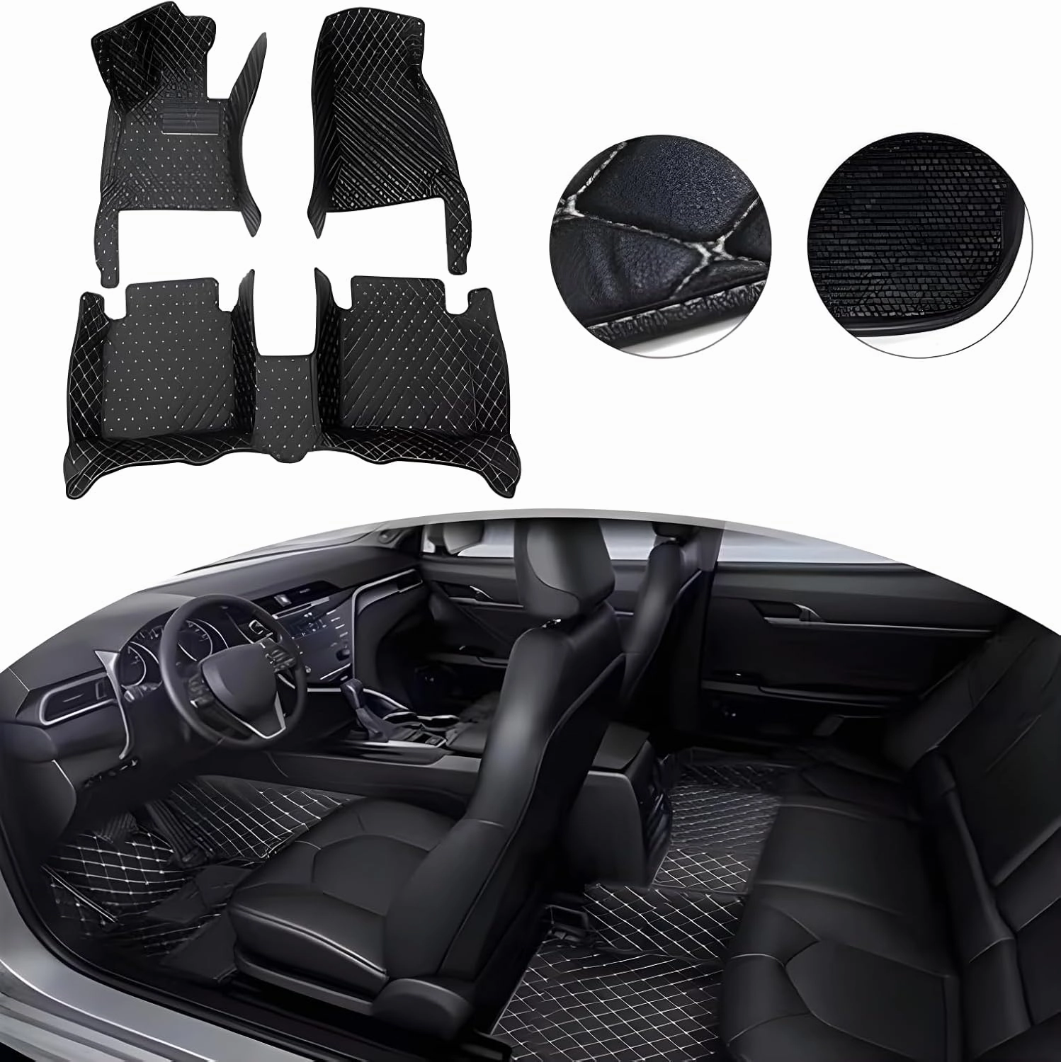 Luxury Leather Car Floor Mats for 2009-2016 Hyundai Genesis Coupe- All-Weather, Easy to Clean, Premium Interior Protection (Black Green)