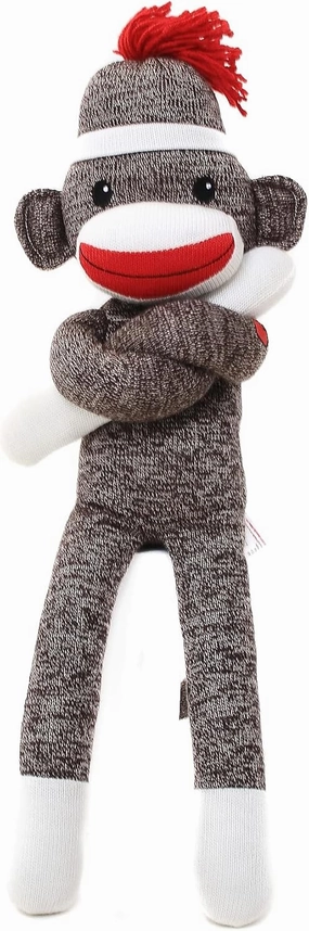 MadebyAliens Sock Monkey Stuffed Animal – 20” Cute Plush Doll with Pompom Hair and Heart Tattoo - Perfect Unisex Gift for Kids.