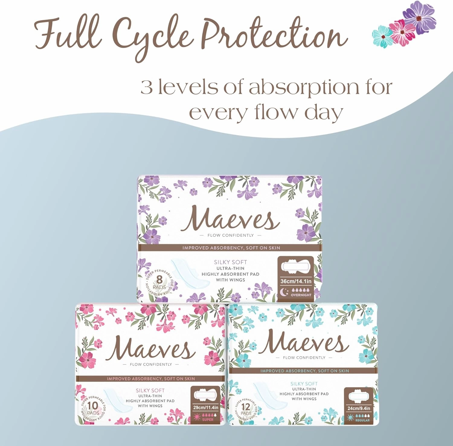 Maeves Thin Sanitary Pads with Wings for Women for Light, Heavy, Overnight Flow Soft - 30 Count
