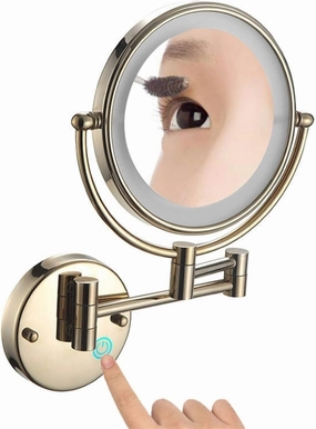 Makeup Mirror Wall Mounted Vanity Mirror Extendable 360 Rotation,Bathroom Shaving Mirror Cosmetic Vanity Mirror 8 Inch, USB Charging (Gold 10x Magnification)