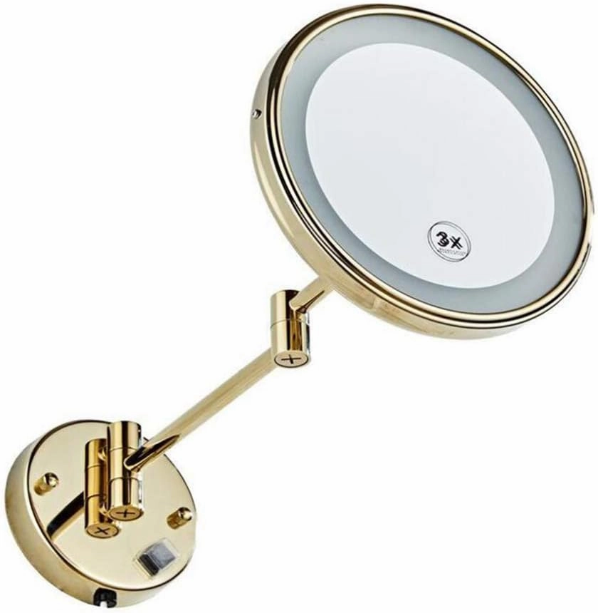 Makeup Vanity Mirror,3X Magnification Beauty Mirror Wall Mounted Bathroom Mirror 360°Swivel Extendable Cosmetic Mirror Powered by Plug,Gold (Gold 8.5inch)