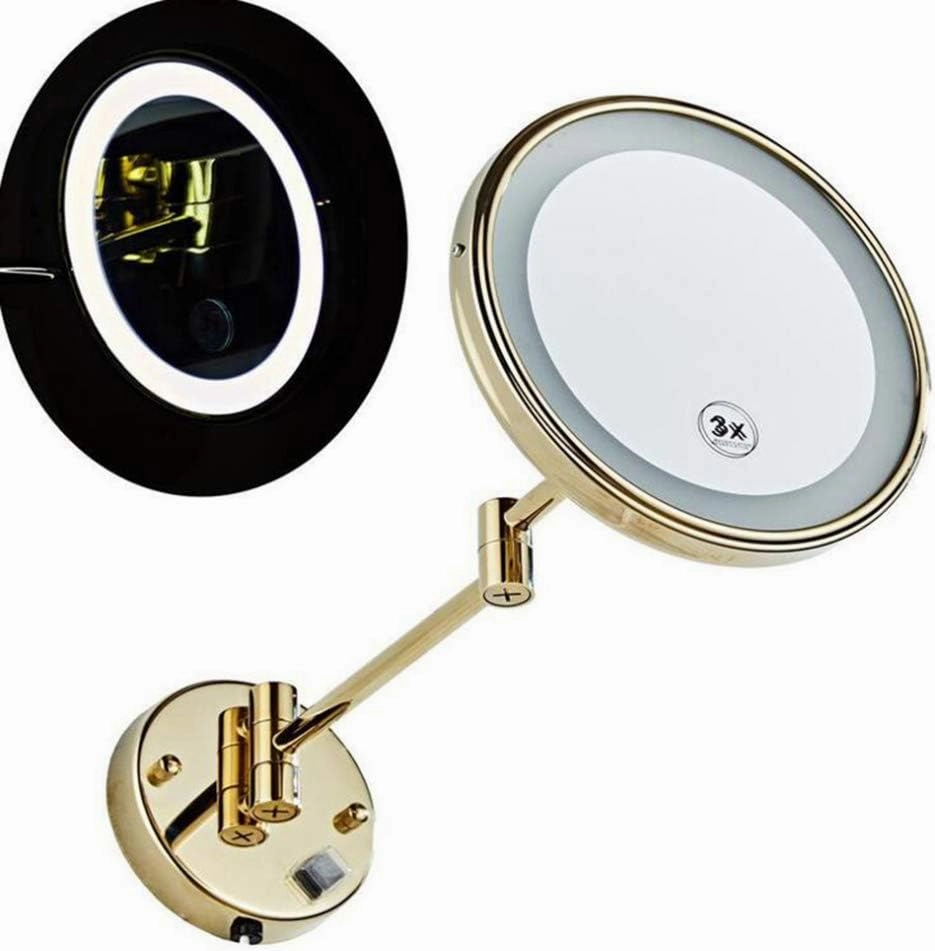 Makeup Vanity Mirror,3X Magnification Beauty Mirror Wall Mounted Bathroom Mirror 360°Swivel Extendable Cosmetic Mirror Powered by Plug,Gold (Gold 8.5inch)