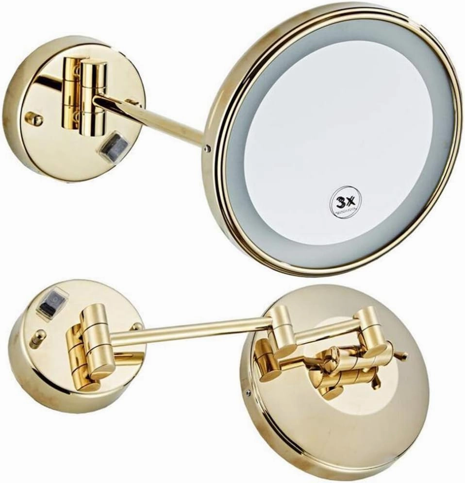 Makeup Vanity Mirror,3X Magnification Beauty Mirror Wall Mounted Bathroom Mirror 360°Swivel Extendable Cosmetic Mirror Powered by Plug,Gold (Gold 8.5inch)