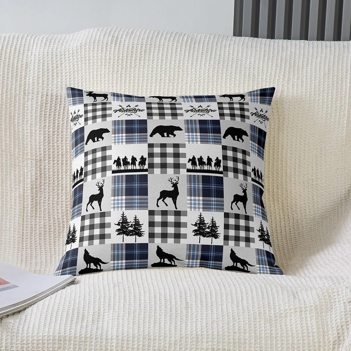 Manfei Bear Plaids Decorative Throw Pillow Cover Farmhouse Animals Hunting Pillow Cover for Car Sofa Southwestern Cowboy Lattice Blue Home Decor Cushion Case Pillowcase 22x22,Pack of 2