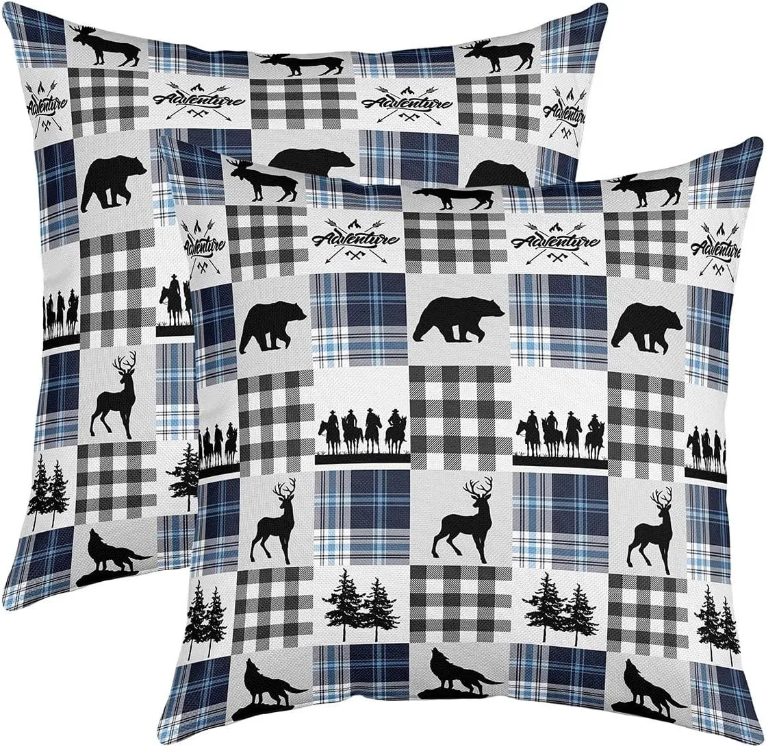 Manfei Bear Plaids Decorative Throw Pillow Cover Farmhouse Animals Hunting Pillow Cover for Car Sofa Southwestern Cowboy Lattice Blue Home Decor Cushion Case Pillowcase 22x22,Pack of 2