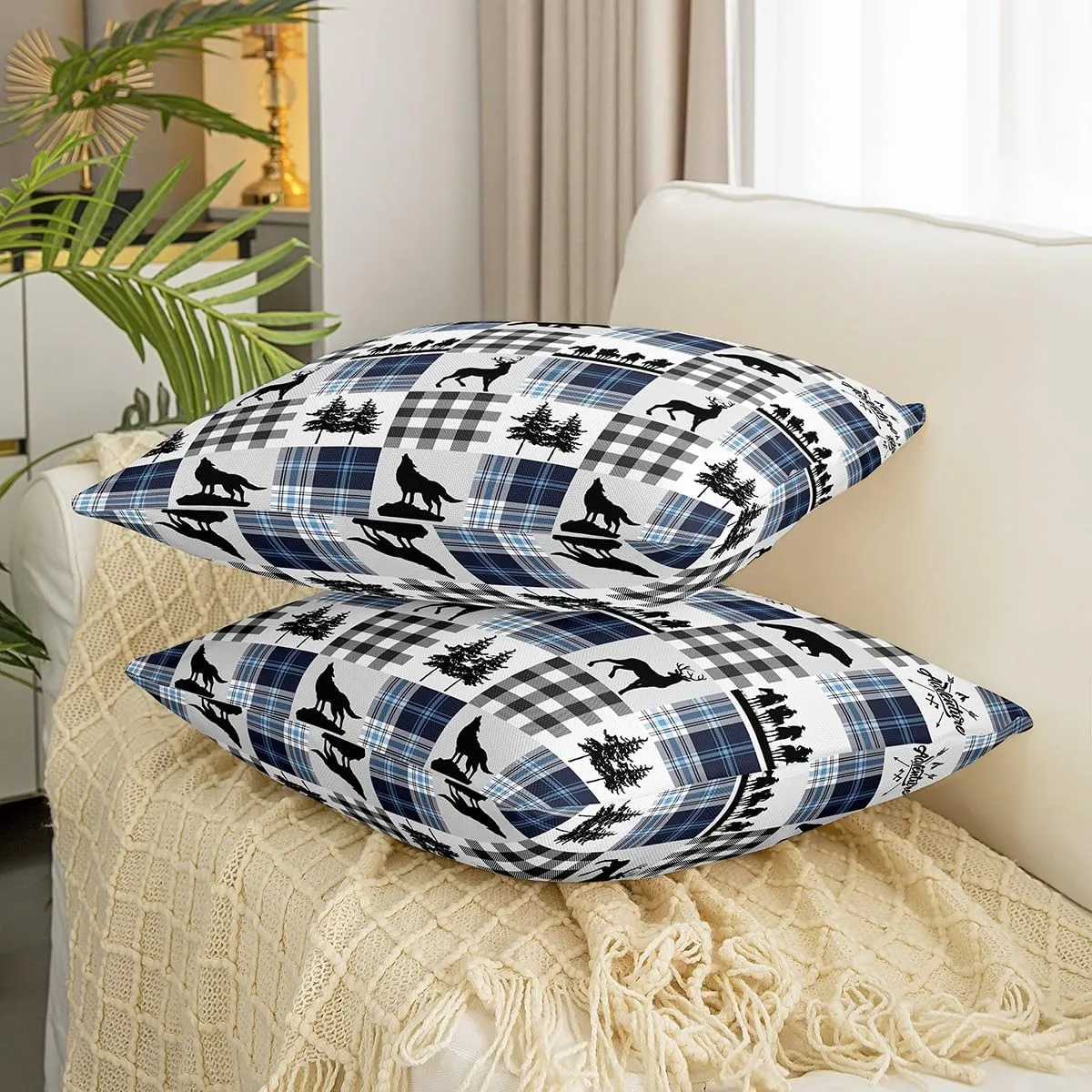 Manfei Bear Plaids Decorative Throw Pillow Cover Farmhouse Animals Hunting Pillow Cover for Car Sofa Southwestern Cowboy Lattice Blue Home Decor Cushion Case Pillowcase 22x22,Pack of 2