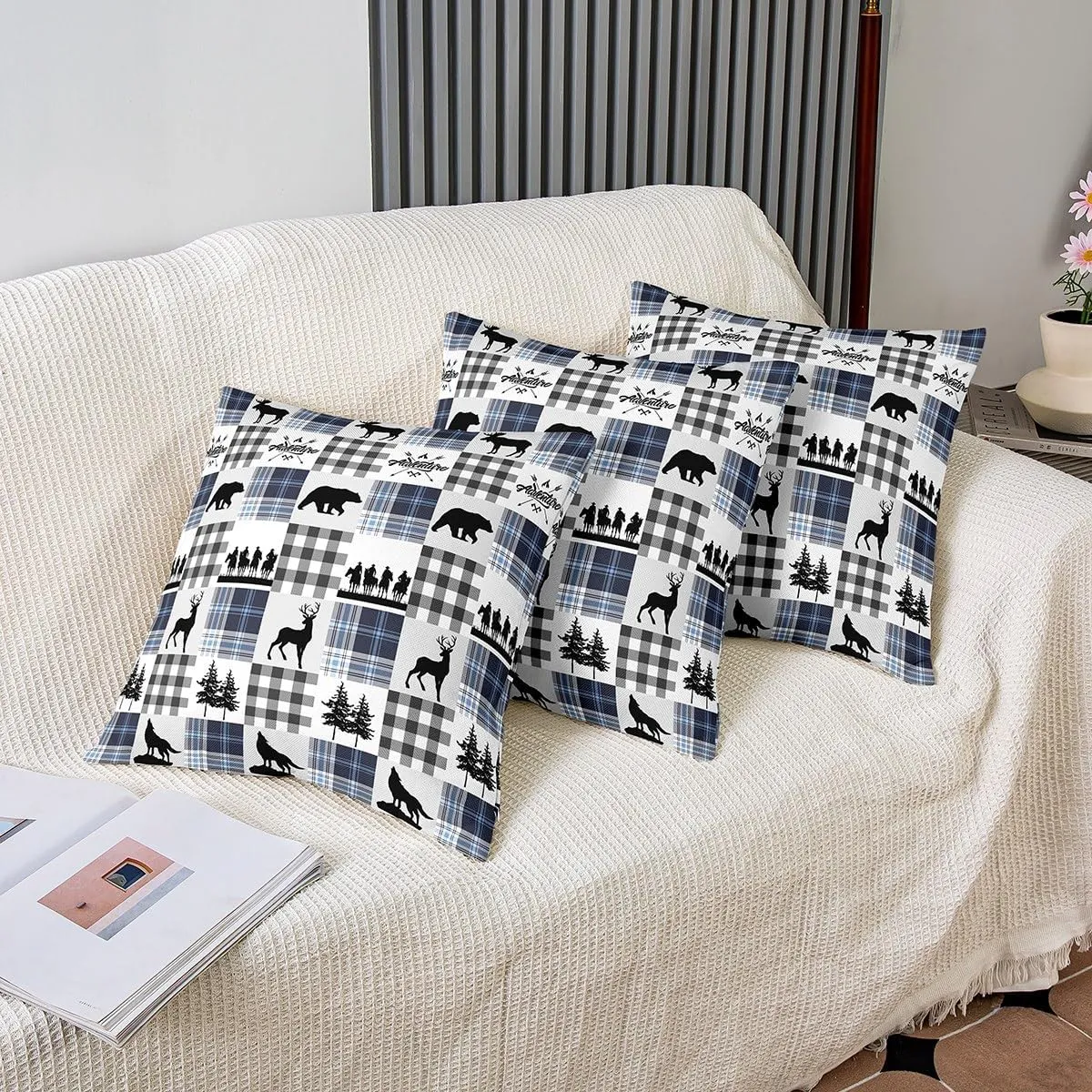 Manfei Bear Plaids Decorative Throw Pillow Cover Farmhouse Animals Hunting Pillow Cover for Car Sofa Southwestern Cowboy Lattice Blue Home Decor Cushion Case Pillowcase 22x22,Pack of 2