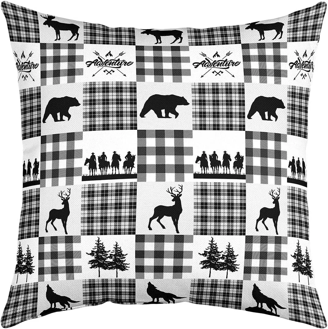 Manfei Elk Antler Pillow Cover 16x16 Inch,Southwestern Cowboy Bear Wolf Cushion Case for Office Bedroom Gray White Lattice Check Square Pillow Case for Sofa Couch Double Sides Print