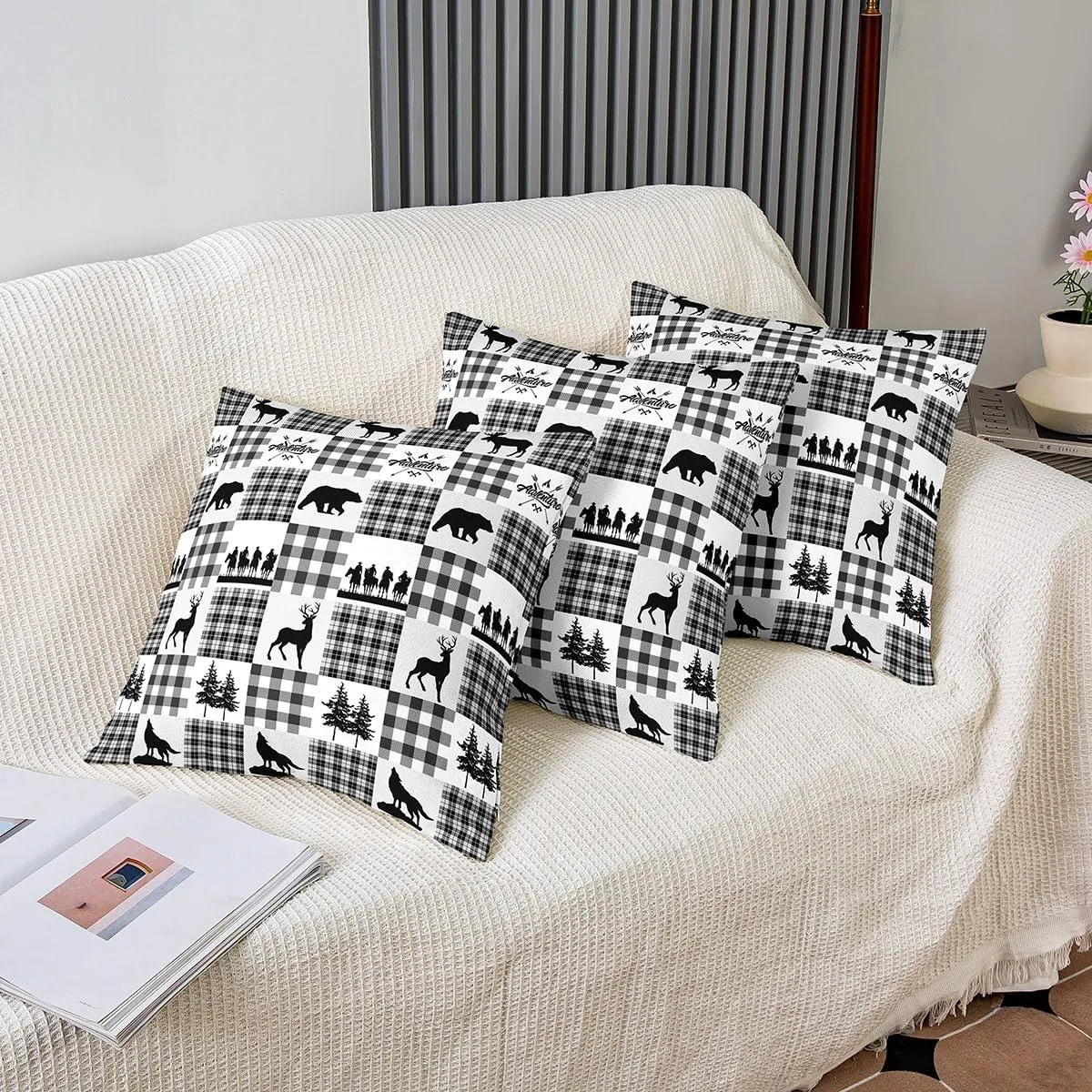 Manfei Elk Antler Pillow Cover 16x16 Inch,Southwestern Cowboy Bear Wolf Cushion Case for Office Bedroom Gray White Lattice Check Square Pillow Case for Sofa Couch Double Sides Print
