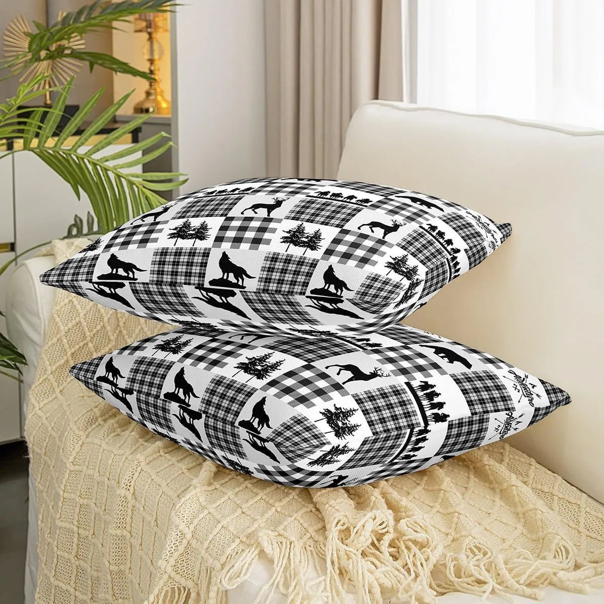 Manfei Elk Antler Pillow Cover 16x16 Inch,Southwestern Cowboy Bear Wolf Cushion Case for Office Bedroom Gray White Lattice Check Square Pillow Case for Sofa Couch Double Sides Print