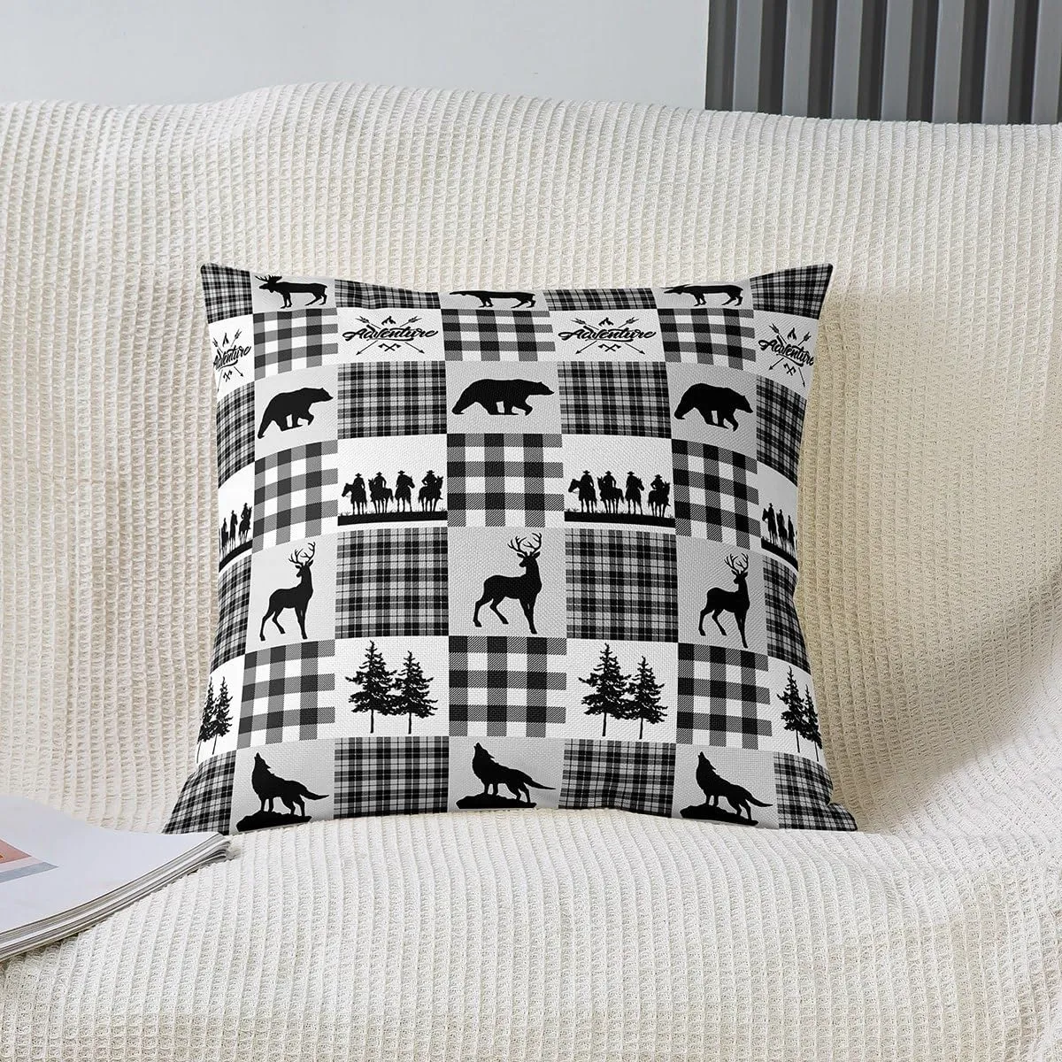 Manfei Elk Antler Pillow Cover 16x16 Inch,Southwestern Cowboy Bear Wolf Cushion Case for Office Bedroom Gray White Lattice Check Square Pillow Case for Sofa Couch Double Sides Print
