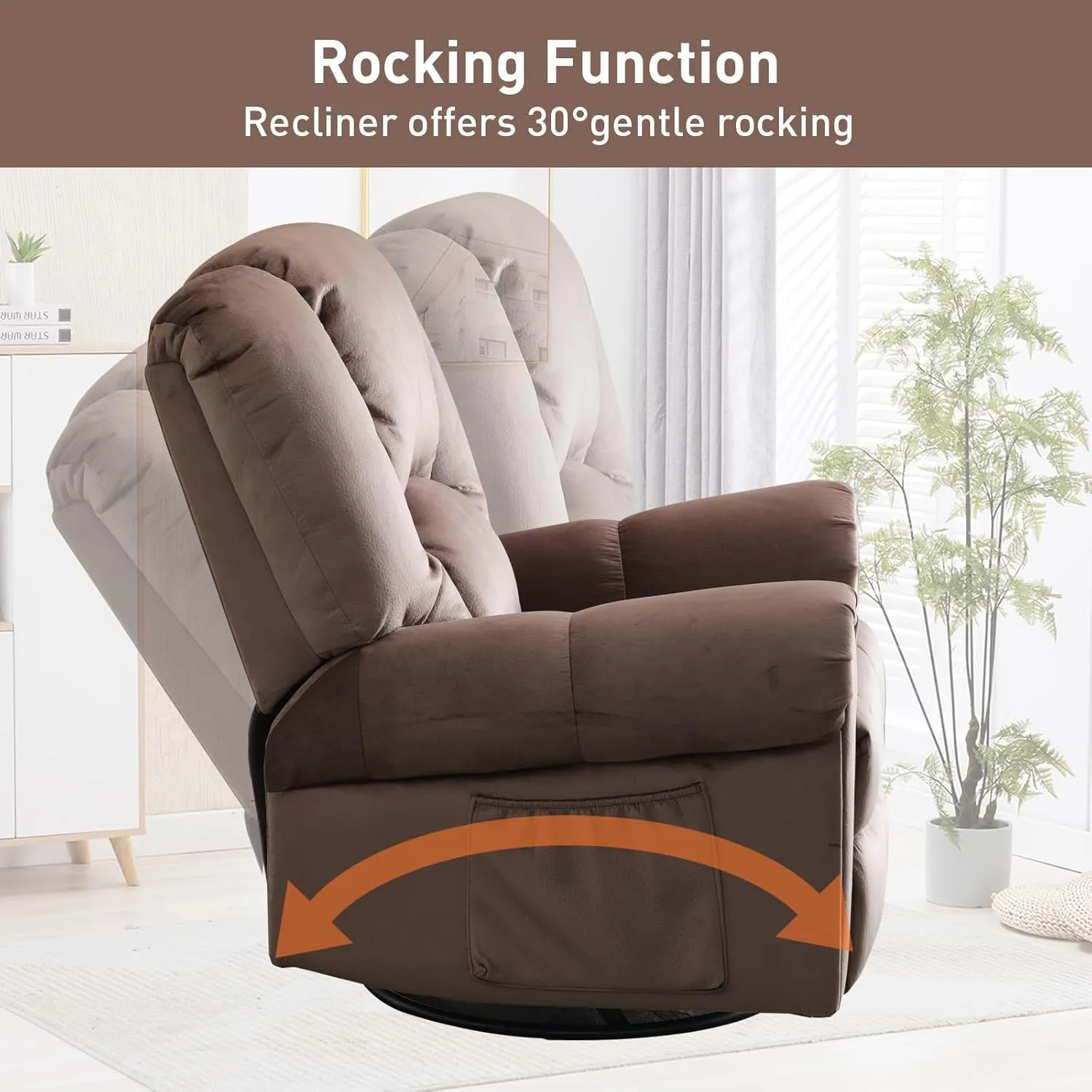 Manual Rocking Swivel Recliner with Massage and Heat, Oversized Soft Short Plush 360° Swivel Rocker Recliners with Side Pockets, Overstuffed Heavy Duty Reclining Sofa Chair for Living Room