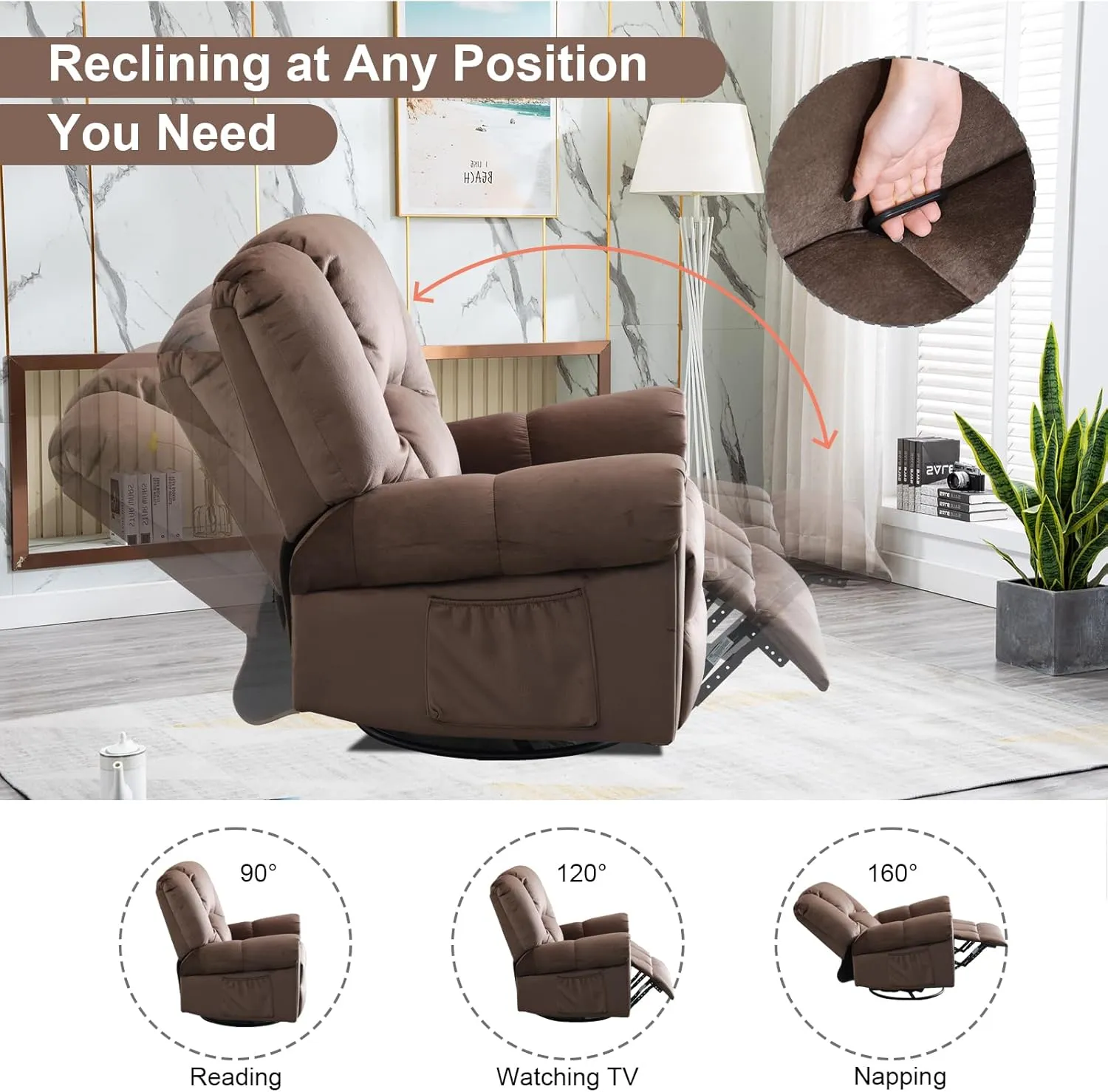 Manual Rocking Swivel Recliner with Massage and Heat, Oversized Soft Short Plush 360° Swivel Rocker Recliners with Side Pockets, Overstuffed Heavy Duty Reclining Sofa Chair for Living Room