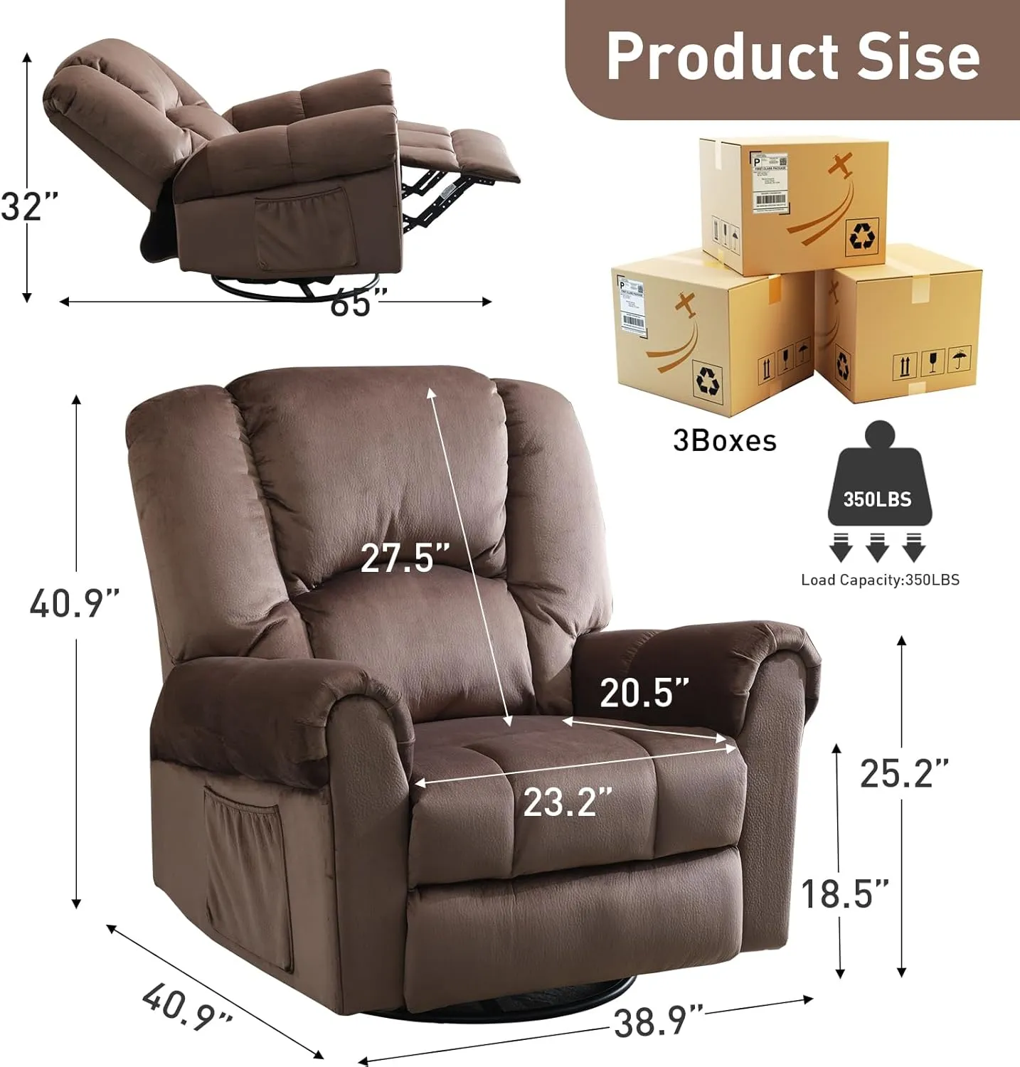 Manual Rocking Swivel Recliner with Massage and Heat, Oversized Soft Short Plush 360° Swivel Rocker Recliners with Side Pockets, Overstuffed Heavy Duty Reclining Sofa Chair for Living Room