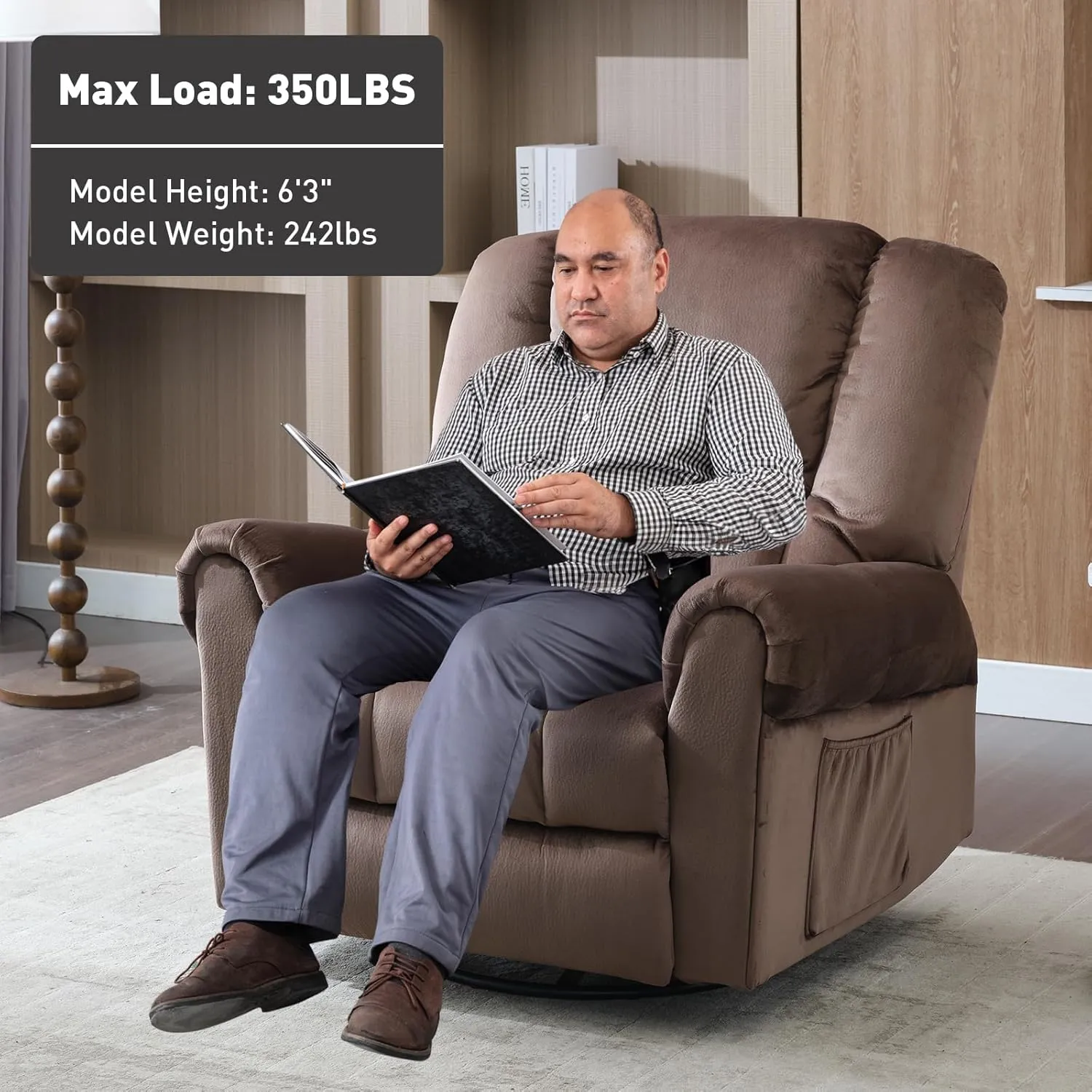 Manual Rocking Swivel Recliner with Massage and Heat, Oversized Soft Short Plush 360° Swivel Rocker Recliners with Side Pockets, Overstuffed Heavy Duty Reclining Sofa Chair for Living Room
