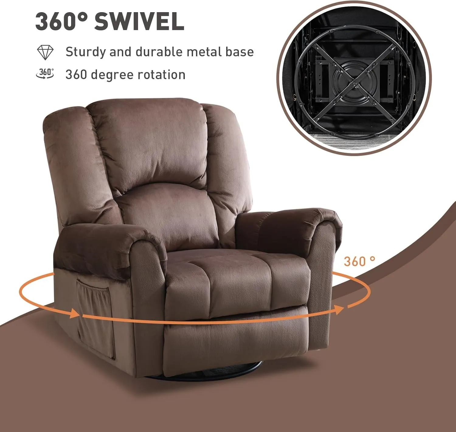 Manual Rocking Swivel Recliner with Massage and Heat, Oversized Soft Short Plush 360° Swivel Rocker Recliners with Side Pockets, Overstuffed Heavy Duty Reclining Sofa Chair for Living Room