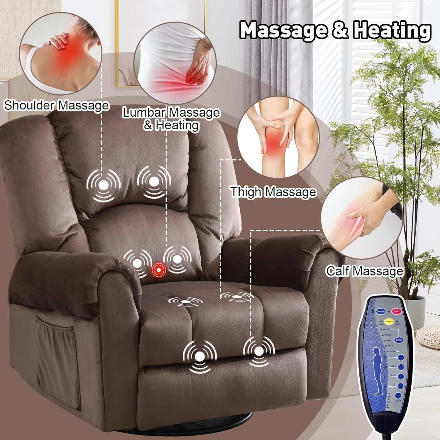 Manual Rocking Swivel Recliner with Massage and Heat, Oversized Soft Short Plush 360° Swivel Rocker Recliners with Side Pockets, Overstuffed Heavy Duty Reclining Sofa Chair for Living Room