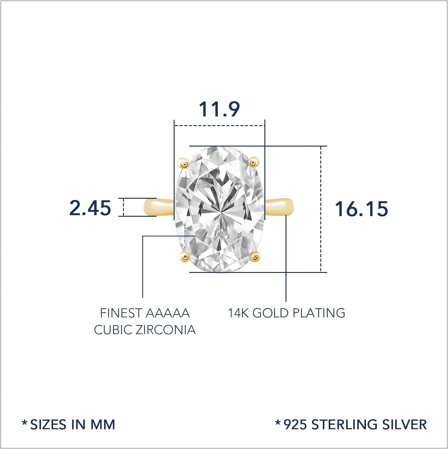 Marilyn Monroe 10-Carat Big Solitaire Ring For Women | 14K Gold Plated 925 Sterling Silver Glamorous Cocktail Ring | 100 Facet Cubic Zirconia CZ Simulated Diamond