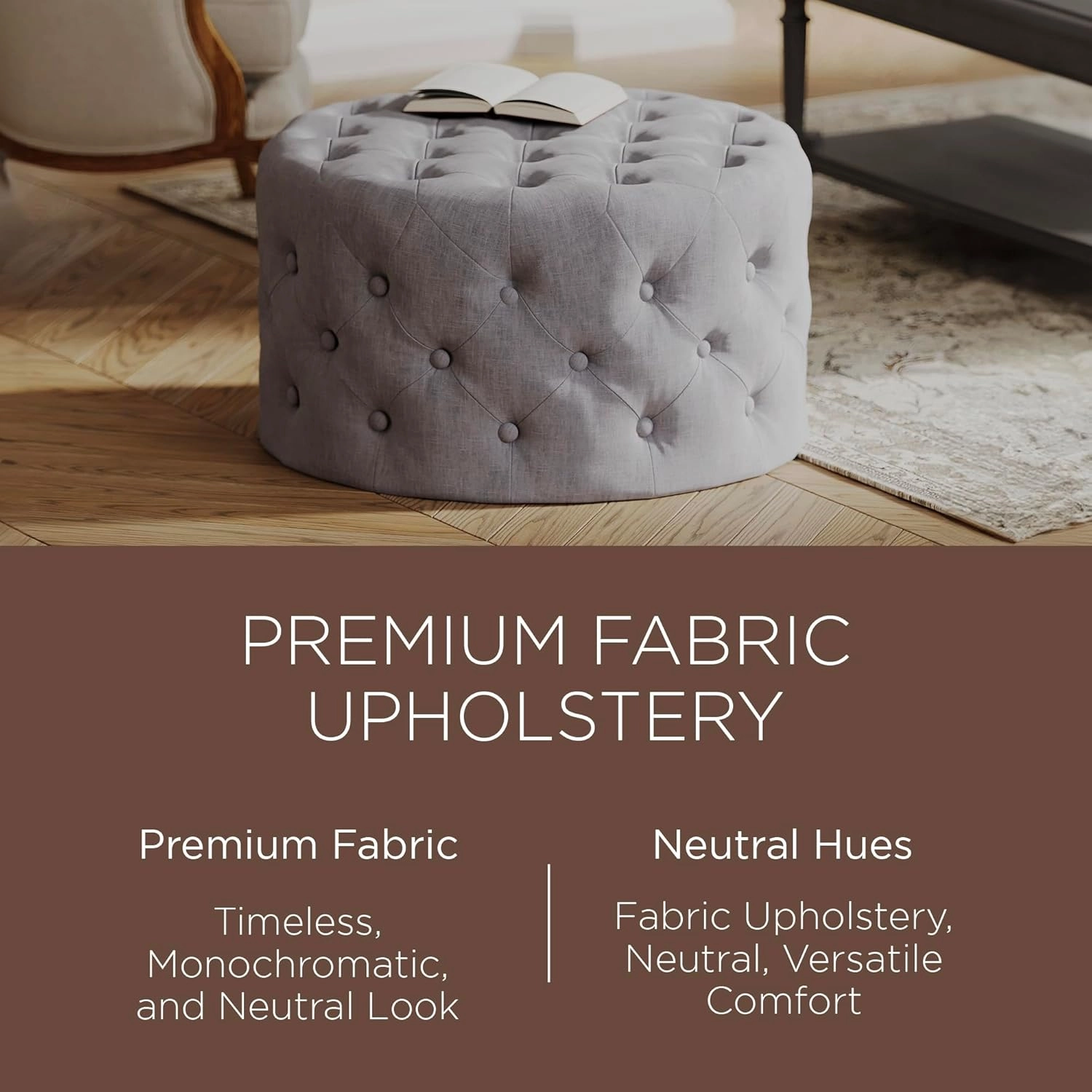 Maven Lane Marcy Traditional Large Round Ottoman, Cushioned Footrest for Living Room Couch, Chair, or Dorm Room in Rustic Slate Fabric Upholstery