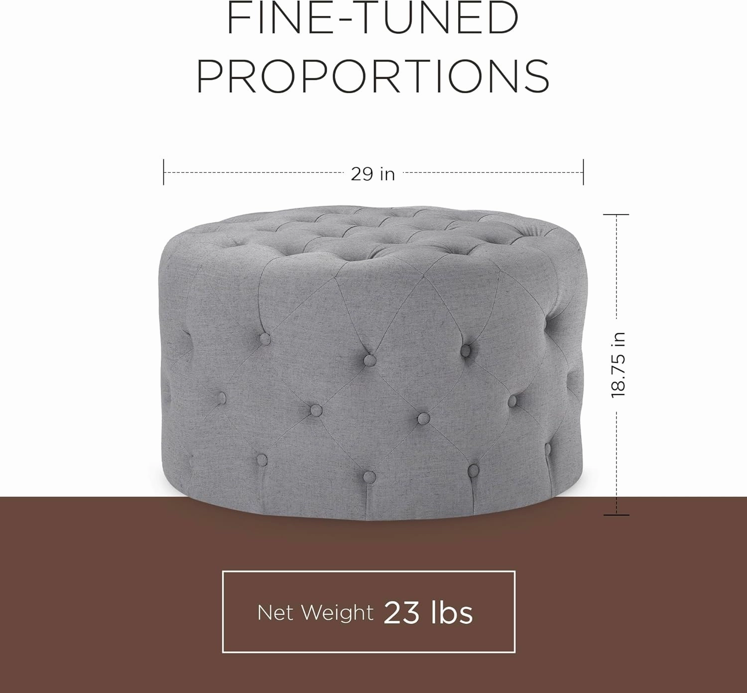 Maven Lane Marcy Traditional Large Round Ottoman, Cushioned Footrest for Living Room Couch, Chair, or Dorm Room in Rustic Slate Fabric Upholstery