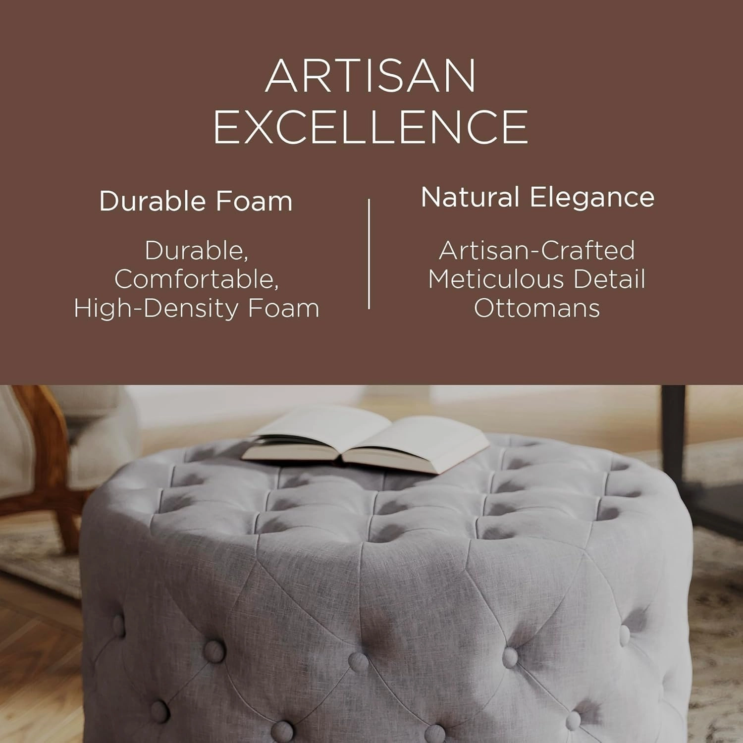 Maven Lane Marcy Traditional Large Round Ottoman, Cushioned Footrest for Living Room Couch, Chair, or Dorm Room in Rustic Slate Fabric Upholstery