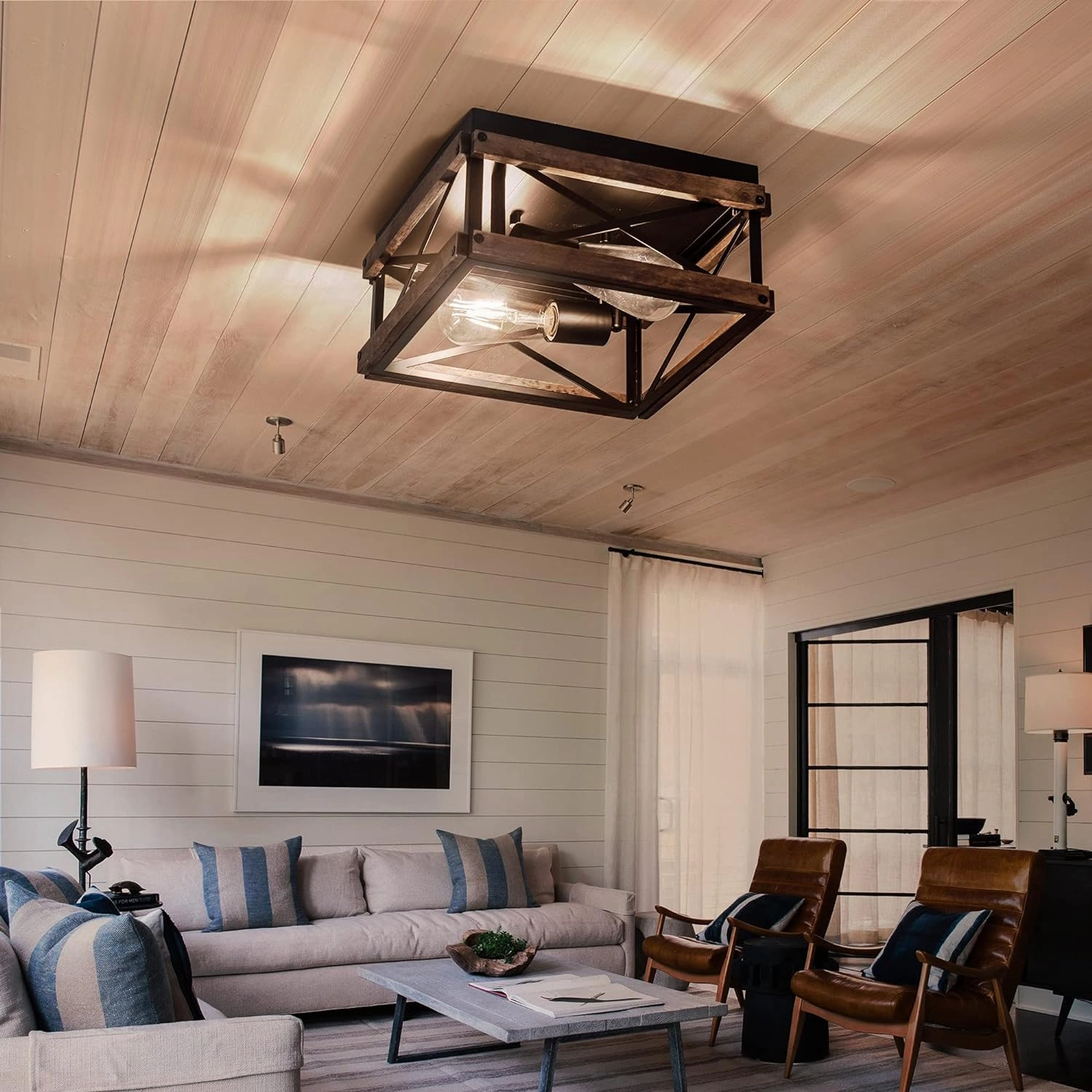 Mayful Black Flush Mount Ceiling Light, 2-Light Rustic Farmhouse Fixture with Metal & Wood Frame, Dimmable Close-to-Ceiling Lighting for Kitchen Bedroom Living Room Hallway Entryway