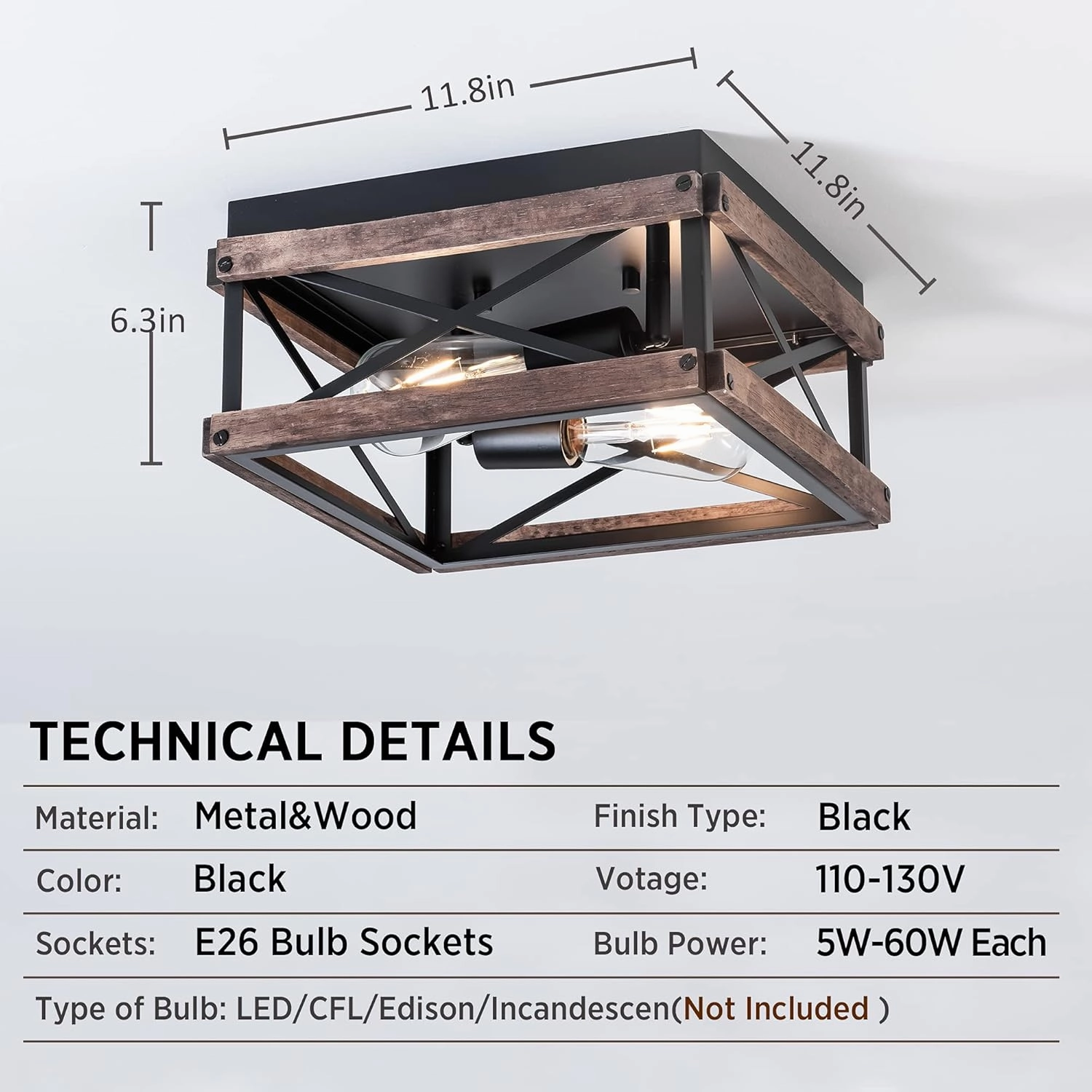 Mayful Black Flush Mount Ceiling Light, 2-Light Rustic Farmhouse Fixture with Metal & Wood Frame, Dimmable Close-to-Ceiling Lighting for Kitchen Bedroom Living Room Hallway Entryway