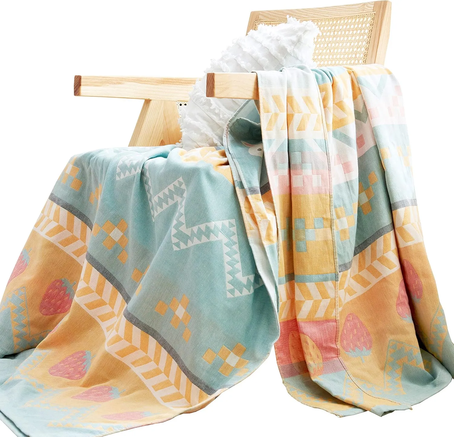 MEJU Boho Bunny Rabbit Green Muslin Lightweight Summer Strawberry Blanket Throw for Bed Sofa Couch 100& Cotton 2 Layer Soft Warm Quick Dry Throw Blanket Bedspread Bed Coverlet Sheet Twin 60 in X 80 in