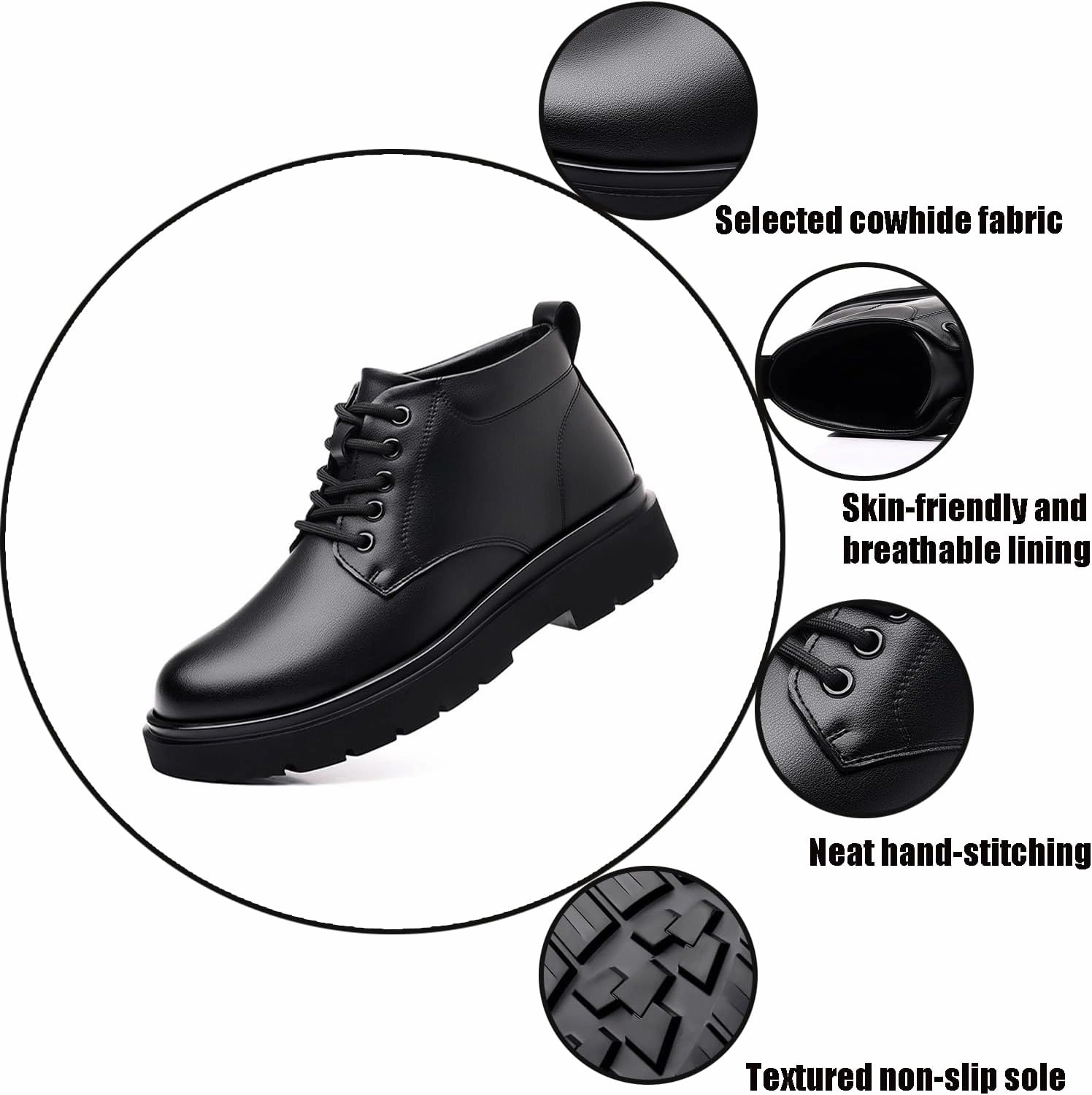Men's Genuine Leather Lace Up Platform Ankle Boots Luxury Round Toe Heightening Soft Bottom Business Dress Oxfords Anti-slip Waterproof Work Boots