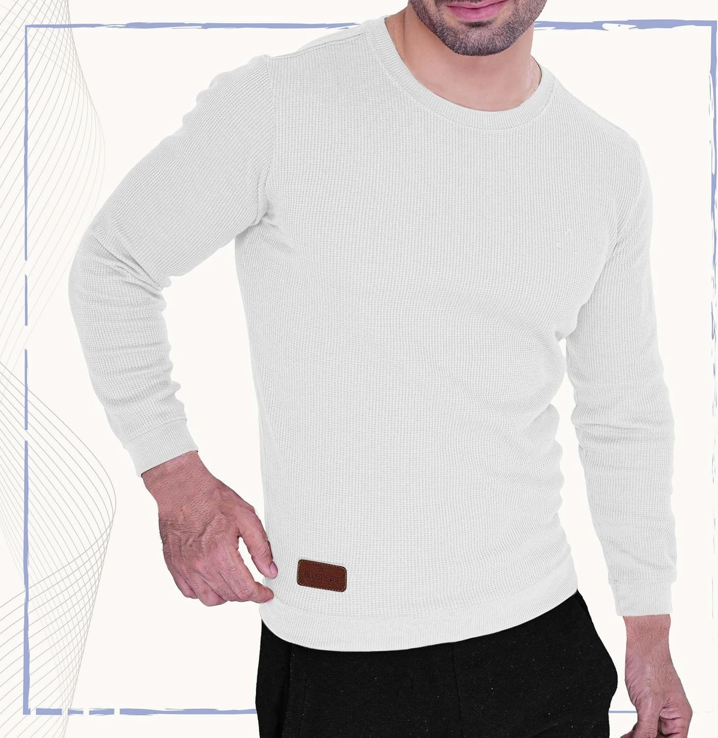 Men's Long Sleeve Waffle Thermal Shirt Top, Knitted Sweater, Sweatshirt for Men