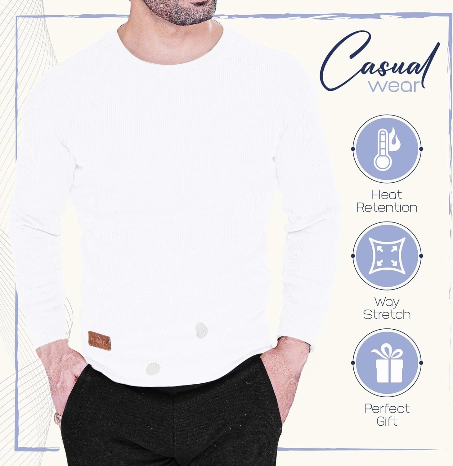Men's Long Sleeve Waffle Thermal Shirt Top, Knitted Sweater, Sweatshirt for Men