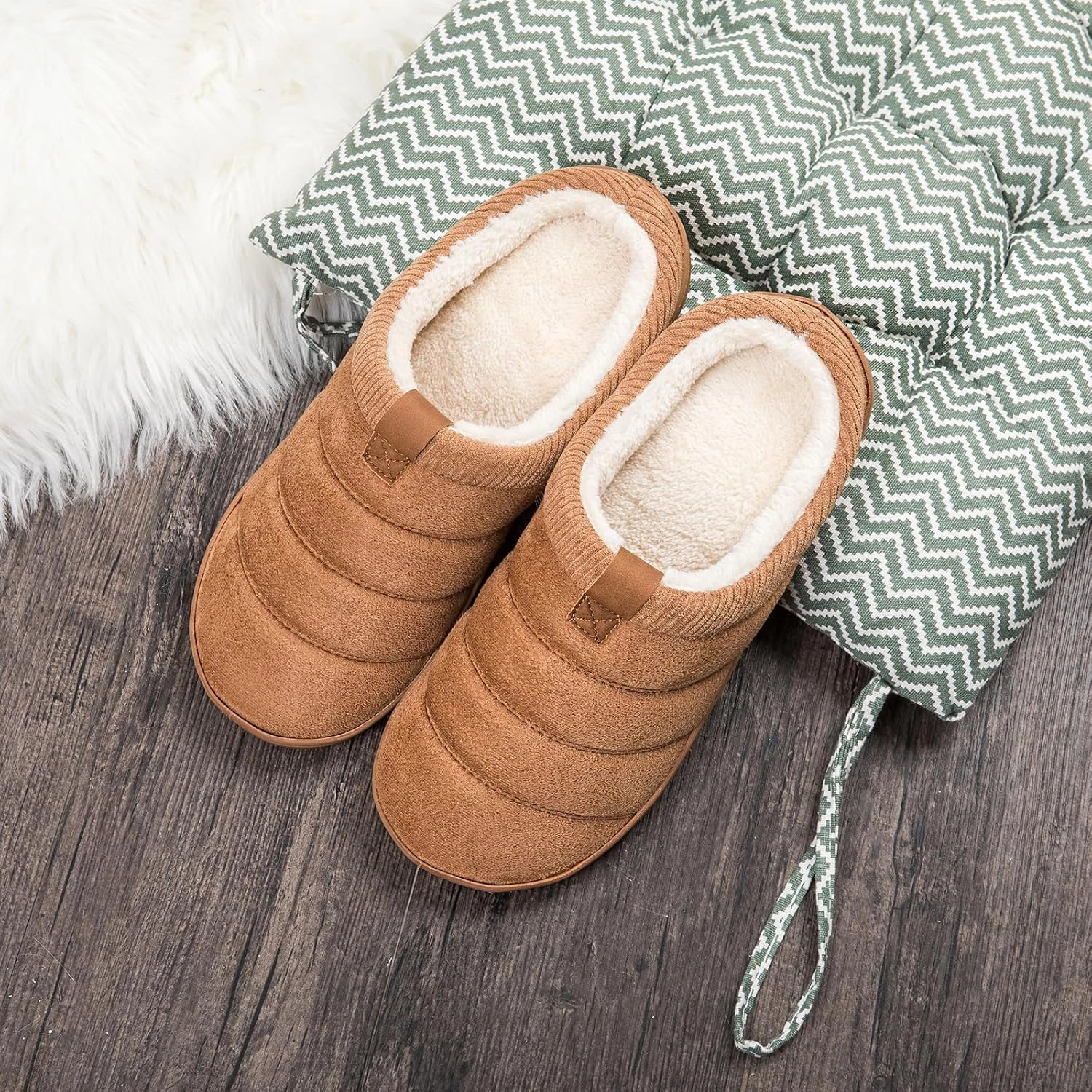 Men's Warm Memory Foam Slippers Suede Plush Shearling Lined Slip on Indoor Outdoor Clog House Shoes