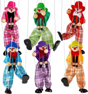 Meooeck 6 Pack Wooden Marionette Puppets Pull String Puppets, Include 6 Colors Clown Marionette String Clown Doll Interactive Toy for Birthday Theater Pretend Play Puppetry Party