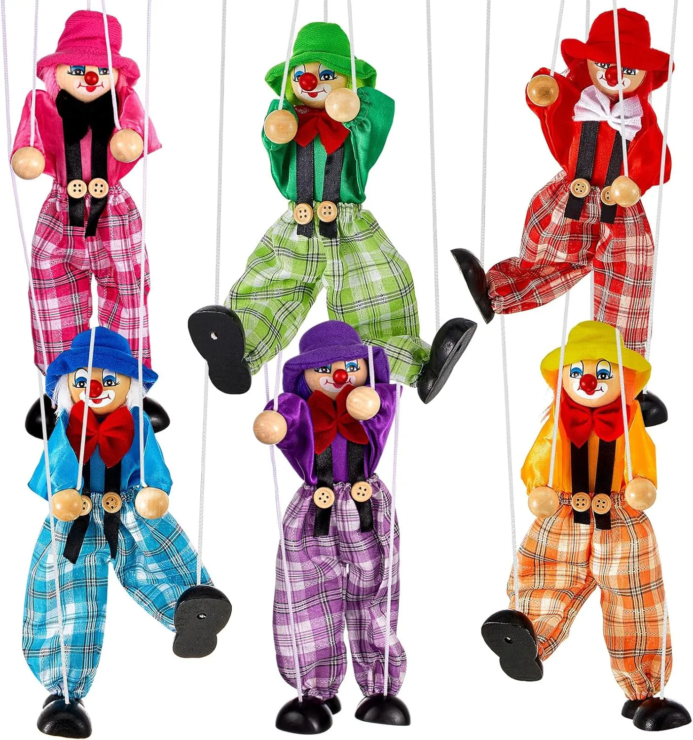 Meooeck 6 Pack Wooden Marionette Puppets Pull String Puppets, Include 6 Colors Clown Marionette String Clown Doll Interactive Toy for Birthday Theater Pretend Play Puppetry Party