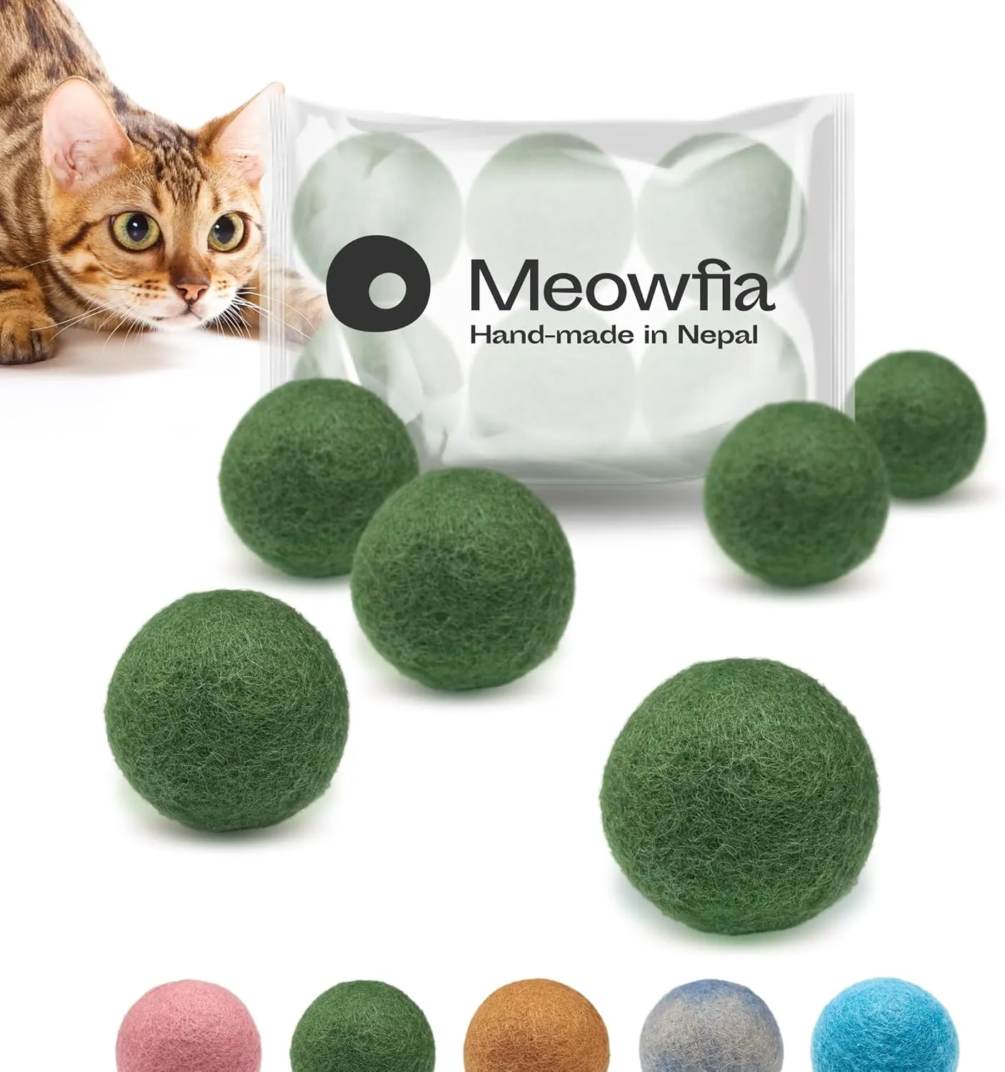 MEOWFIA Wool Ball Toys - 6-Pack of Safe for Cats and Small Dogs Balls - 2 Inch Felted Wool Cat Toy and Dog Toy - Perfect with Cat Cave - Silent - Mini Tennis Balls - (2in/Green)