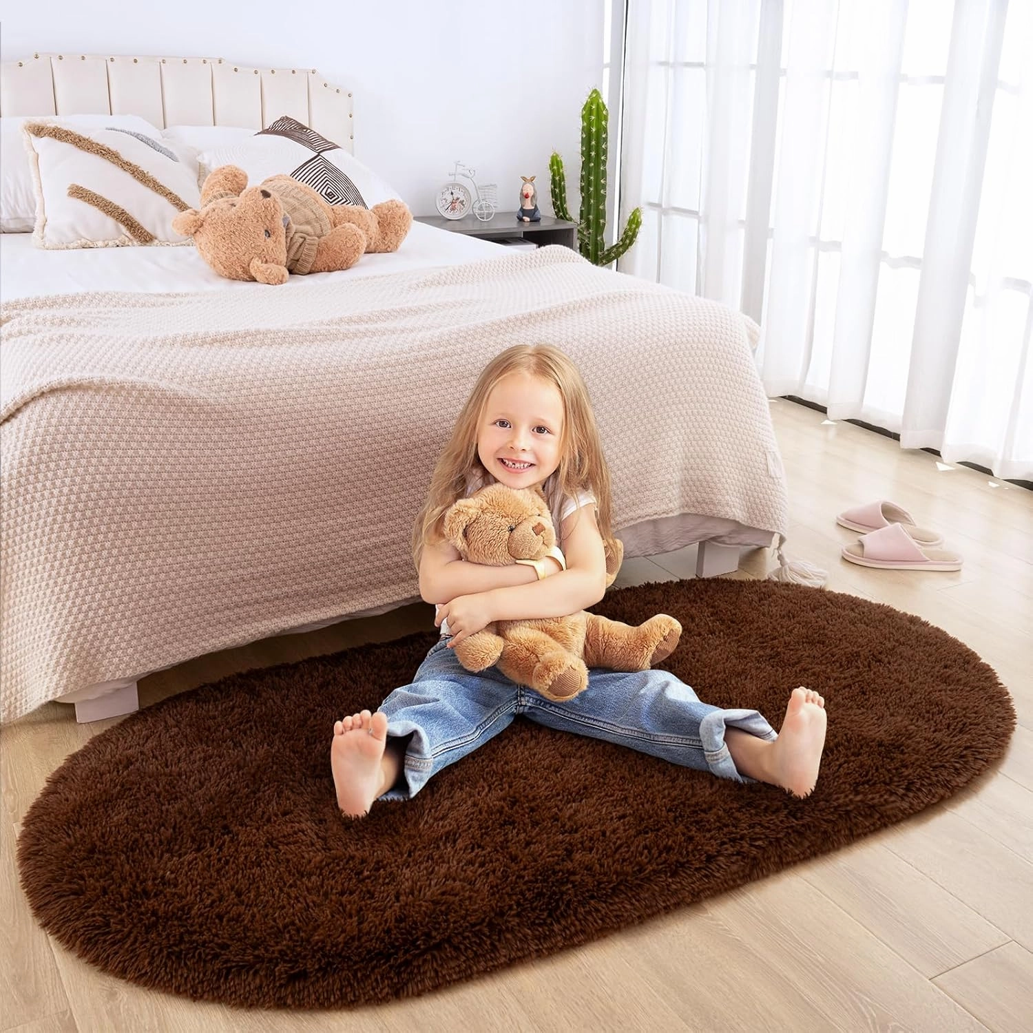 Merelax Soft Shaggy Rug for Kids Bedroom Oval 2.6'x5.3' Brown Plush Fluffy Carpet for Living Room, Furry Carpet for Teen Girls Room, Anti-Skid Fuzzy Comfy Rug for Nursery Decor Cute Baby Play Mat