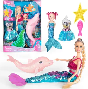 Mermaid Princess Doll with Little Mermaid and Pink Dolphin Playset, Blonde Hair Mermaid Toys with Accessories, Gift for 3 to 7 Year Old Girls