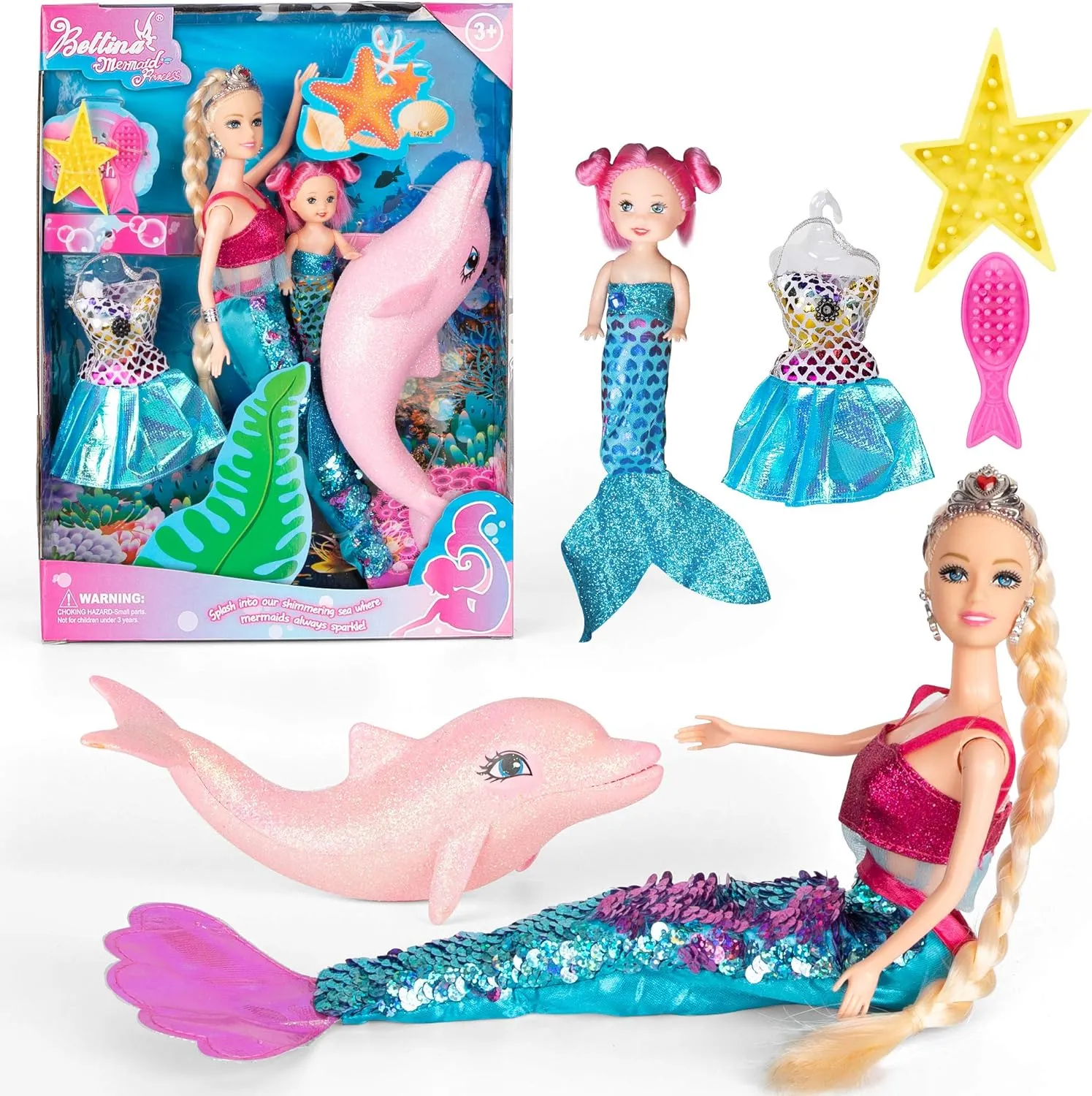Mermaid Princess Doll with Little Mermaid and Pink Dolphin Playset, Blonde Hair Mermaid Toys with Accessories, Gift for 3 to 7 Year Old Girls